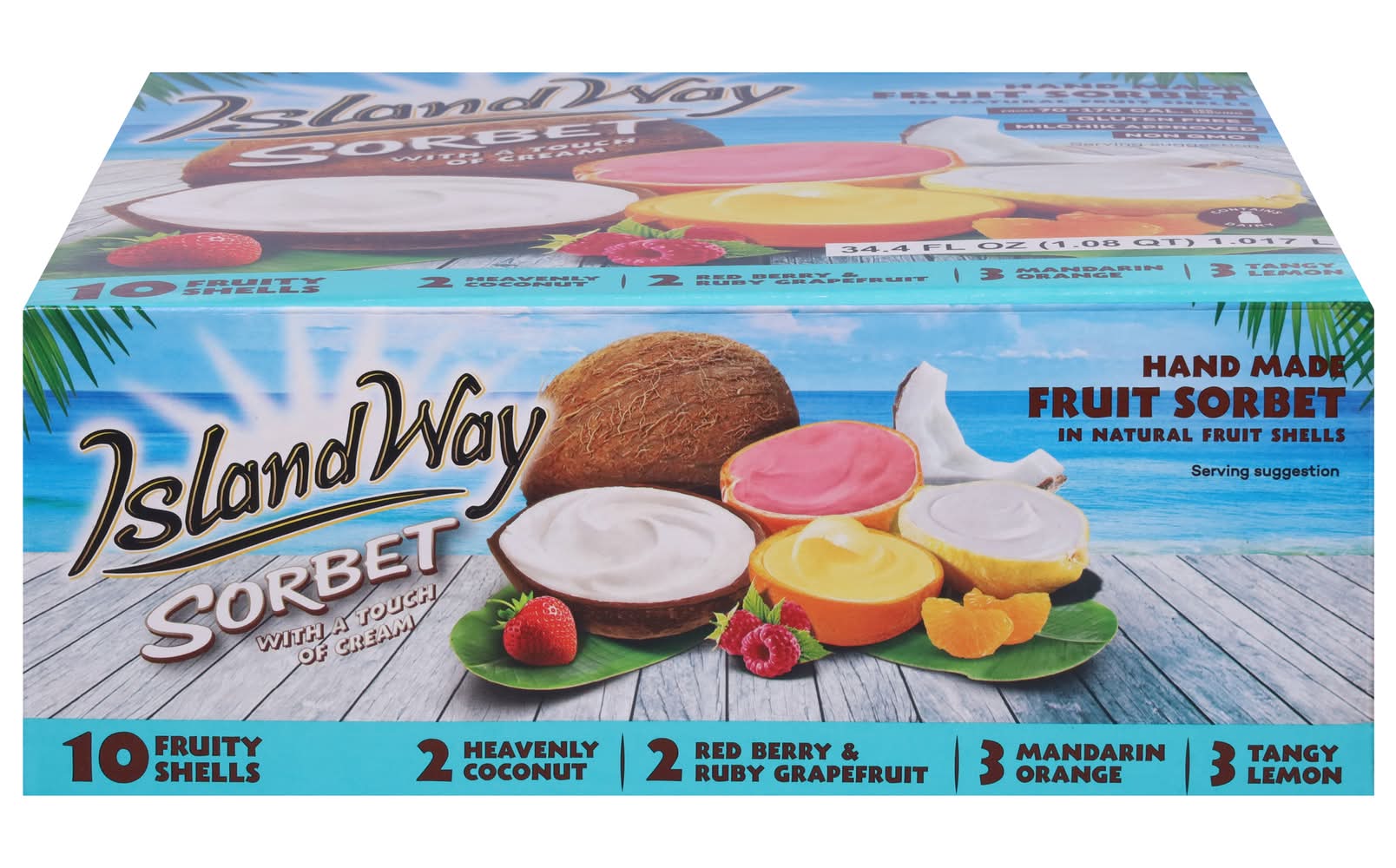 Island Way Hand Made Fruit Sorbet, Heavenly Coconut-Red Berry & Ruby Grapefruit-Mandarin Orange-Tangy Lemon (34.4 fl oz, 10 ct)