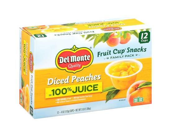 Order Del Monte · Fruit Cup 100% Juice Diced Peaches Snacks (12 x 4 oz) food online from Safeway store, Butte on bringmethat.com