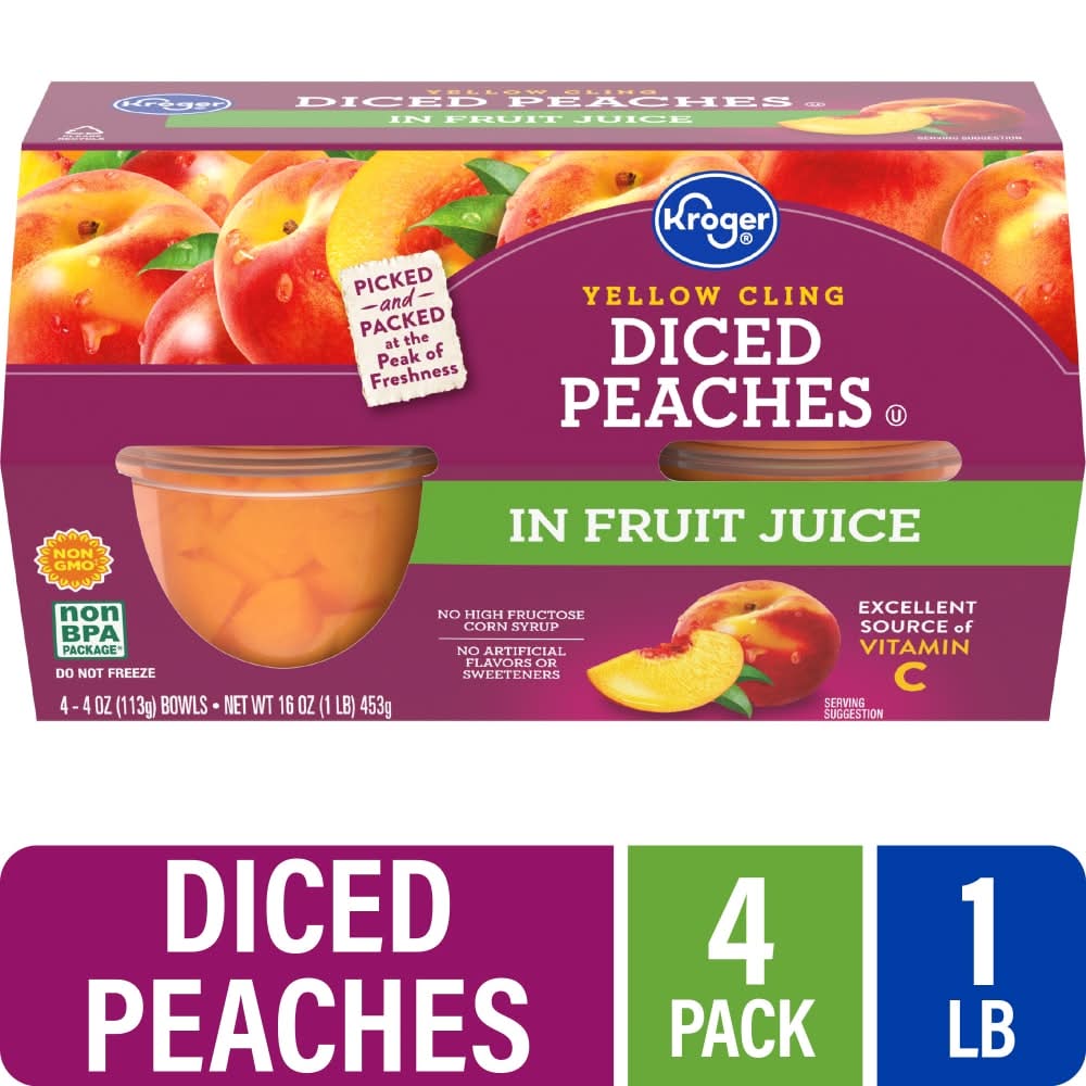 Kroger Yellow Cling Diced Peach Cups in 100% Juice (4 x 4 oz)
