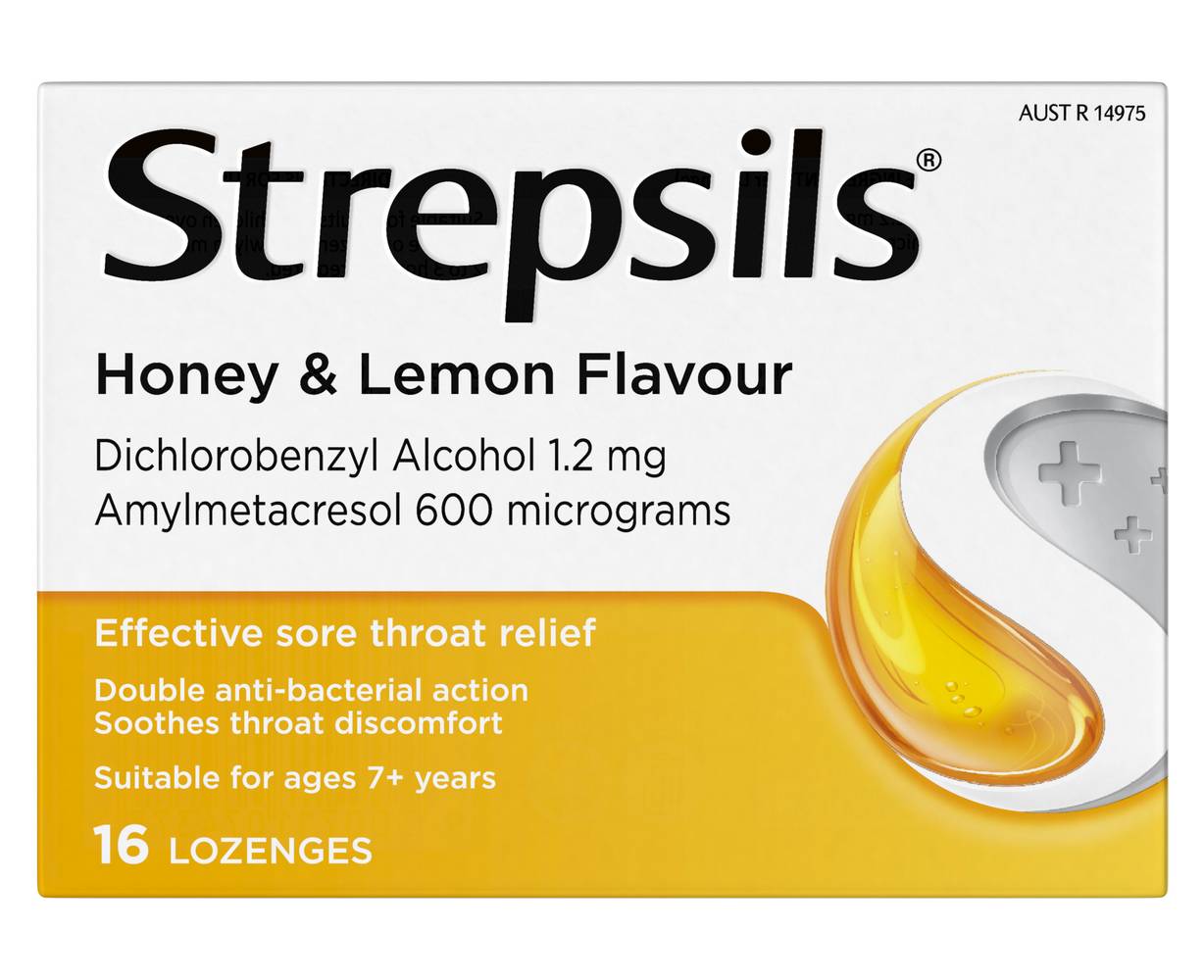 Strepsils Effective Sore Throat Relief Antibacterial Lozenges, Honey-Lemon (16 pack)
