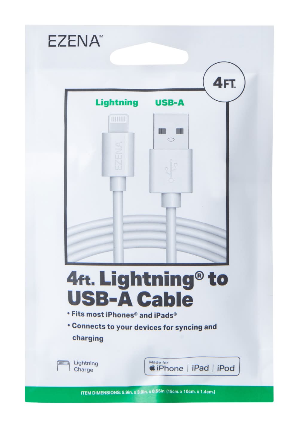 Ezena Lighting To Usb-A Cable, 4 ft, White