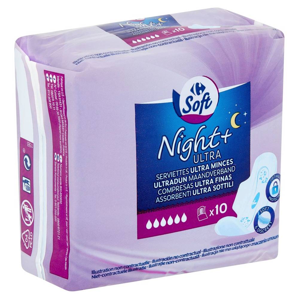 Carrefour Soft Night+ Ultra Serviettes Ultra Minces 10 Pièces