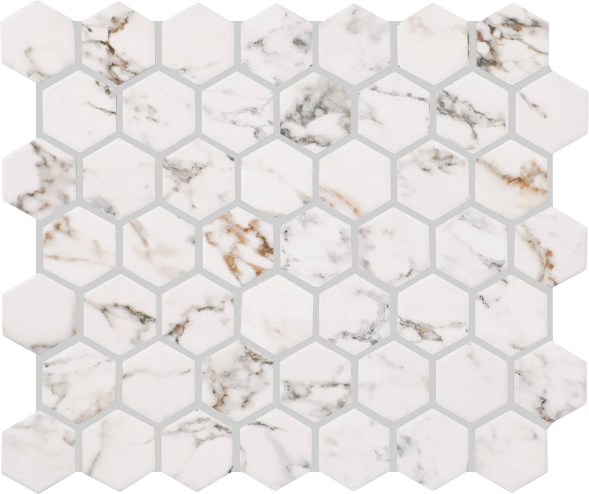 STAINMASTER Calacatta Gem 10-in x 12-in Matte Ceramic Marble look Hexagon Mosaic Floor and Wall Tile ( 0.81-sq ft Piece ) | SM4215HEXXTMTLW