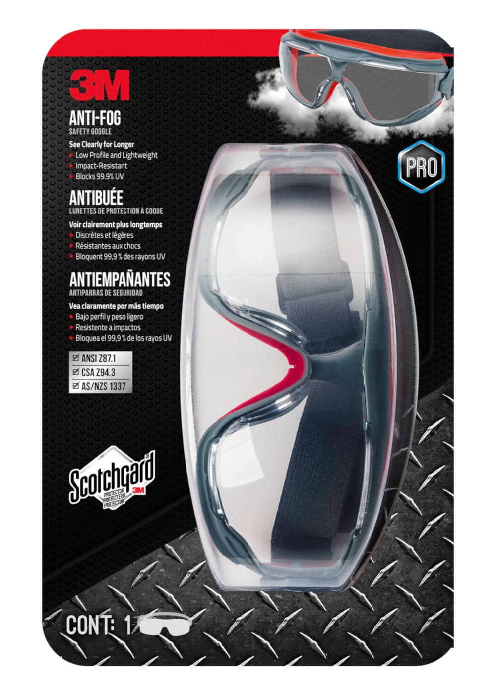 3M Scotchgard Anti-Fog Modern/Sleek Safety Goggles Clear Lens Gray/Red Frame 1 Pc
