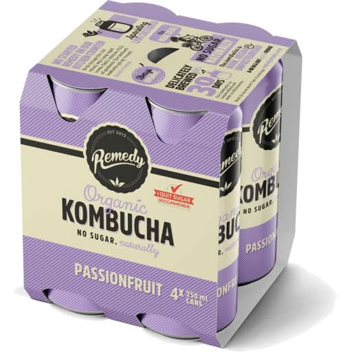Remedy Organic No Sugar Kombucha Tea, Passionfruit (4 x 250mL)