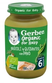 Tarrito de brócoli y guisantes con pavo desde 6 meses ecológico Gerber sin gluten 190 g.