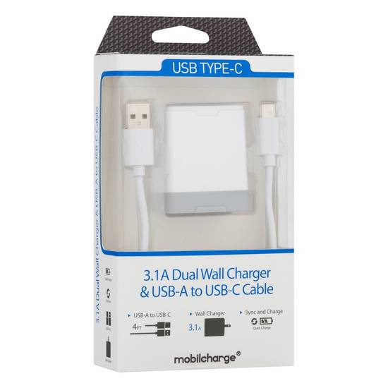 Mobilcharge 3.1a Dual Wall Charger & Usb-A To Usb-C Cable (1 ct)