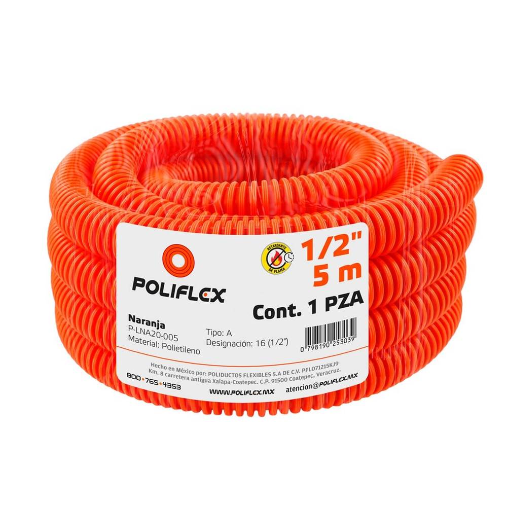 Poliflex · Tubo poliducto flexible 1/2 in, 5 m, naranja