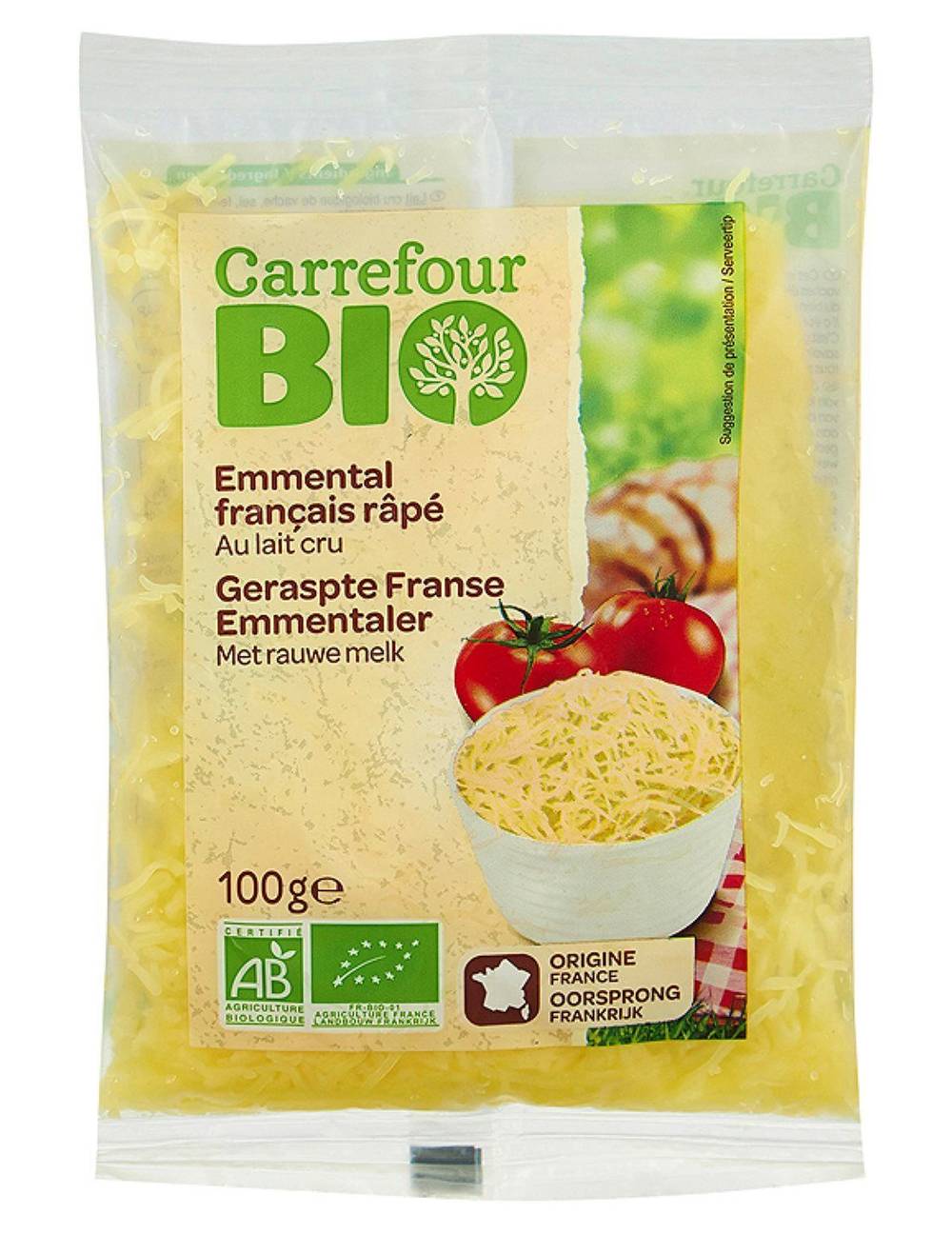 Carrefour Bio - Fromage emmental râpé au lait cru (100g)