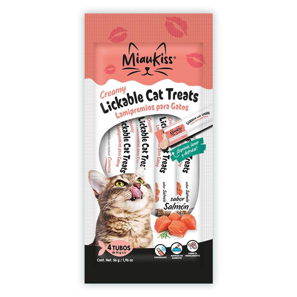 Miaukiss · Premios lamibles con textura cremosa para gatos, salmón, Adultos (4 un)