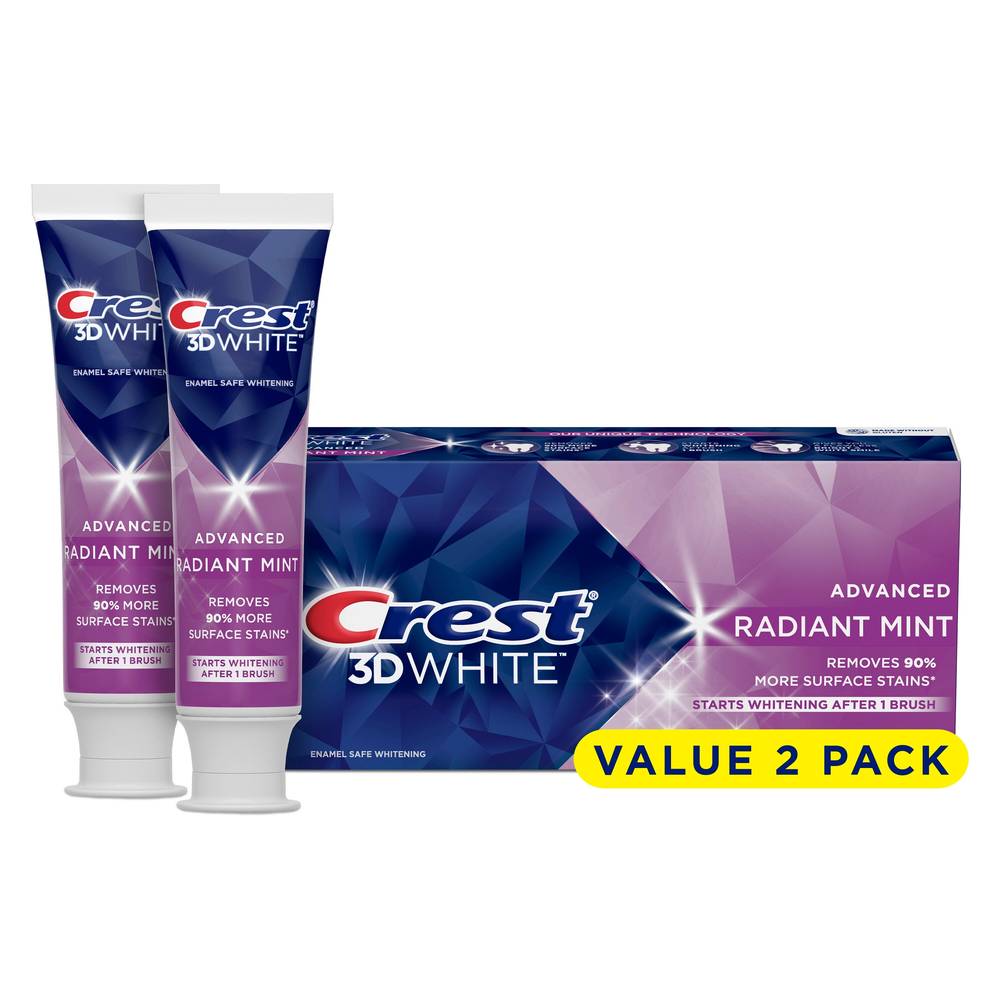 Crest 3D White Fluoride Anticavity Whitening Toothpaste, Advanced Radiant Mint, 3.8 OZ, 2 Pack