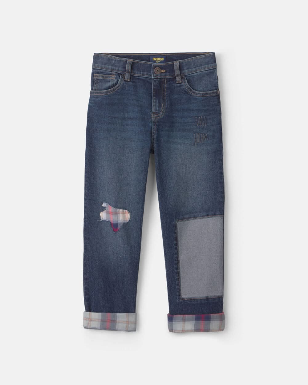 Boys Patched Denim Straight Jeans - Dark Wash - Blue - 12