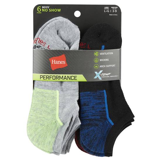 Hanes Boys' X Temp No Show Socks (Size Large/Black/Gray)