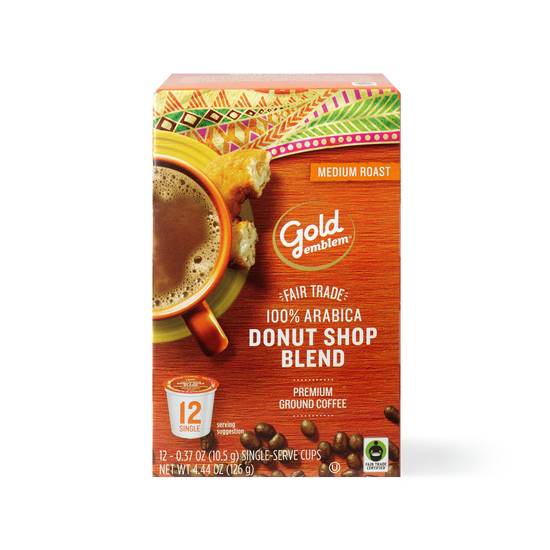 Gold Emblem Fair Trade Donut Shop Blend Premium Ground Coffee Single-Serve Cups, 12 CT