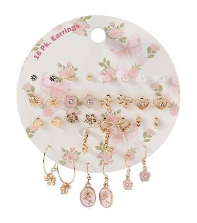 Earrings 16-Pack Gold/Pink Floral
