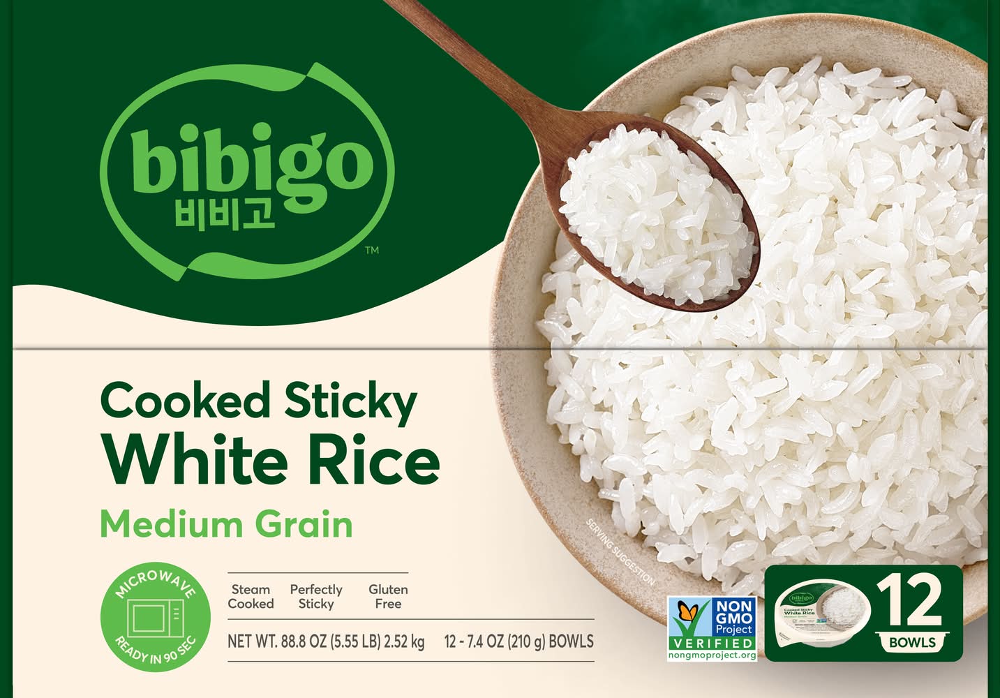 bibigo Medium Grain Cooked Sticky White Rice Bowls (12 x 7.4 oz)