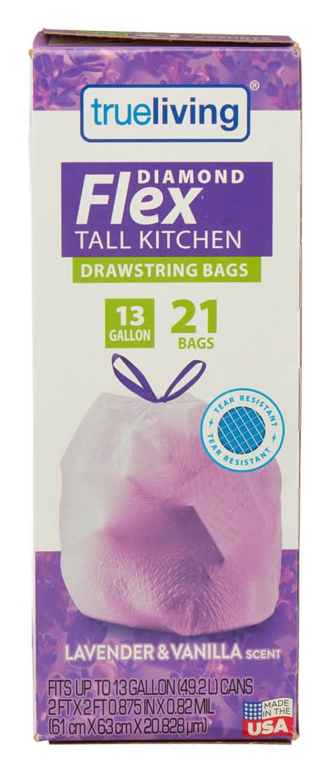 True Living Diamond Flex Tall Kitchen Drawstring Bags Lavender & Vanilla Scent 13 Gallon 21 Ct
