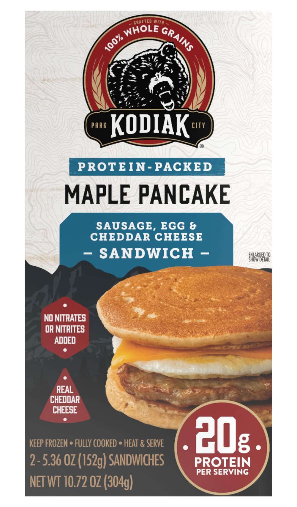 Kodiak Protein Packed Maple Pancake Sandwich, Sausage-Egg-Mild Cheddar Cheese (5.36 oz, 2 ct)
