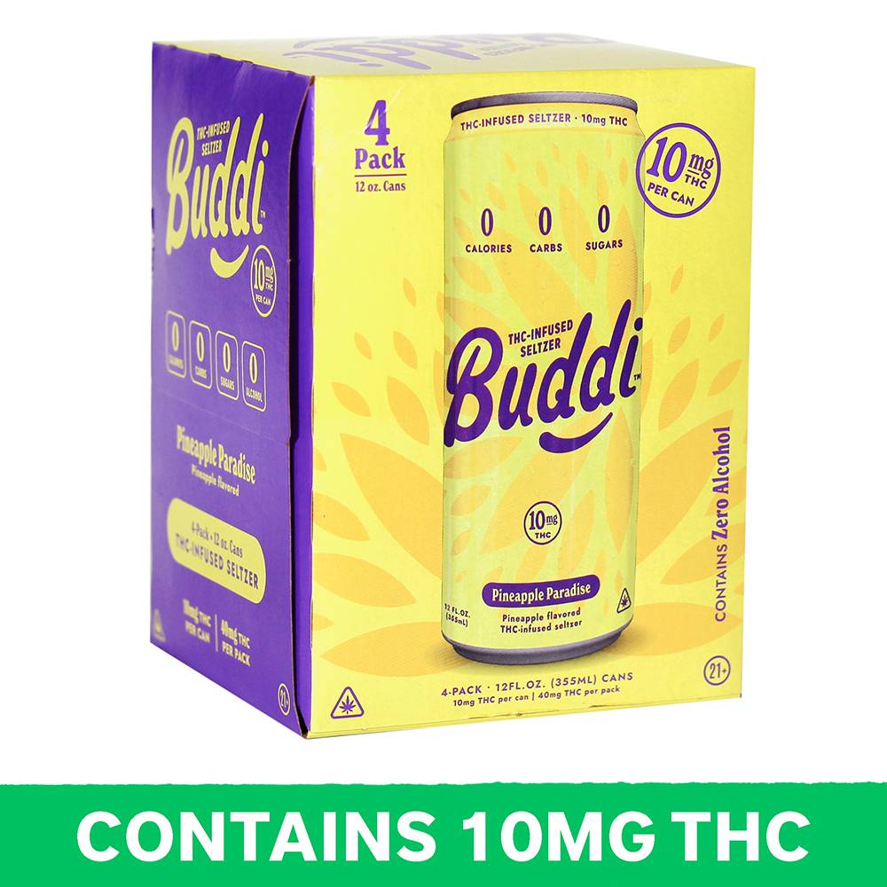 Buddi 10 Mg Thc Infused Seltzer, Pineapple (4 x 12 fl oz)