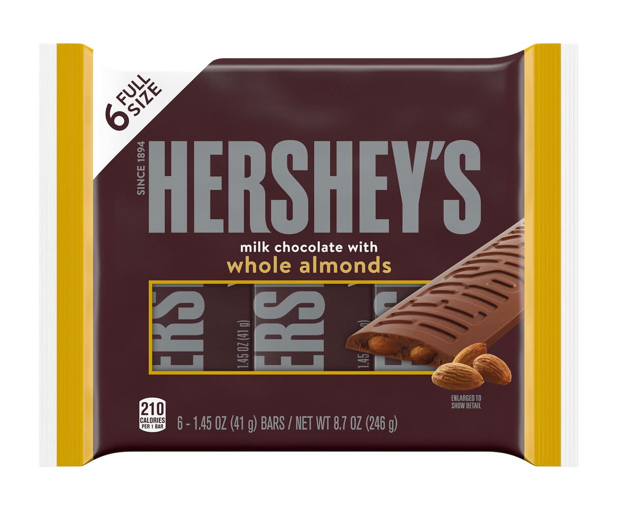 Hershey's Candy Bars, Milk Chocolate With Whole Almonds (6 x 1.45 oz)