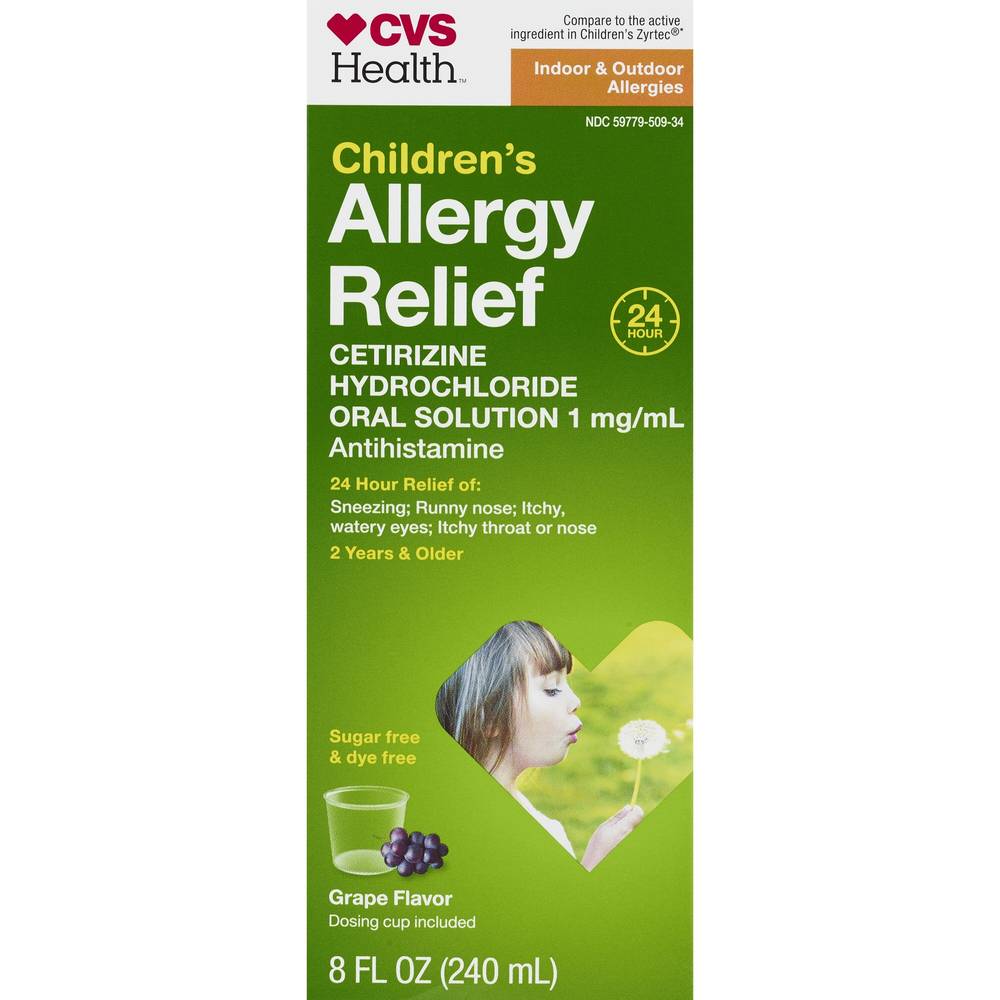 Cvs Health Children'S 24Hr Allergy Cetirizine Hcl Dye Free Oral Antihistamine, Grape, 8 Oz