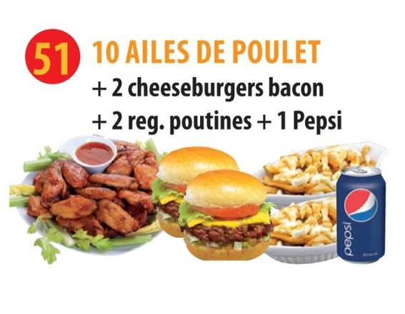 10 Ailes De Poulet + 2 Poutine Reg. + 2 Cheese-Burgers + Boisson