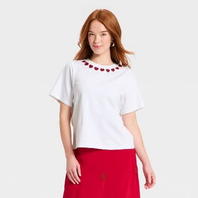 Women's Valentine's Boxy Graphic Heart T-Shirt - A New Day™ White M