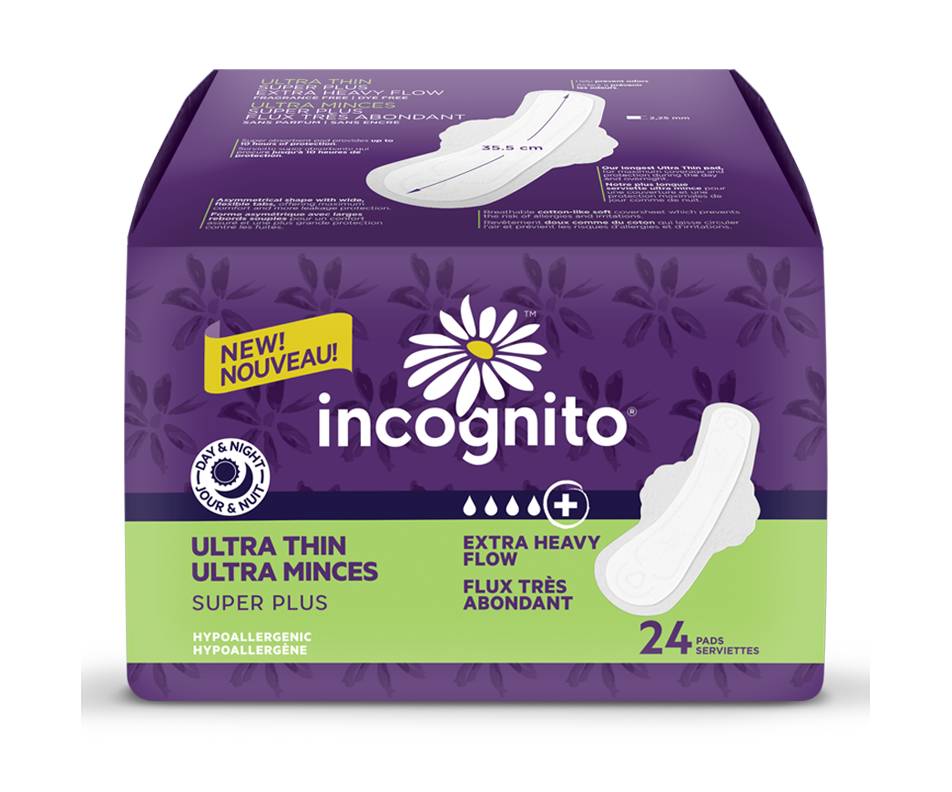 Incognito ultra mince super plus serviettes hygiéniques avec ailes (24 unités, flux très abondant) - ultra thin super plus sanitary pads with wings (24 units, extra heavy flow)