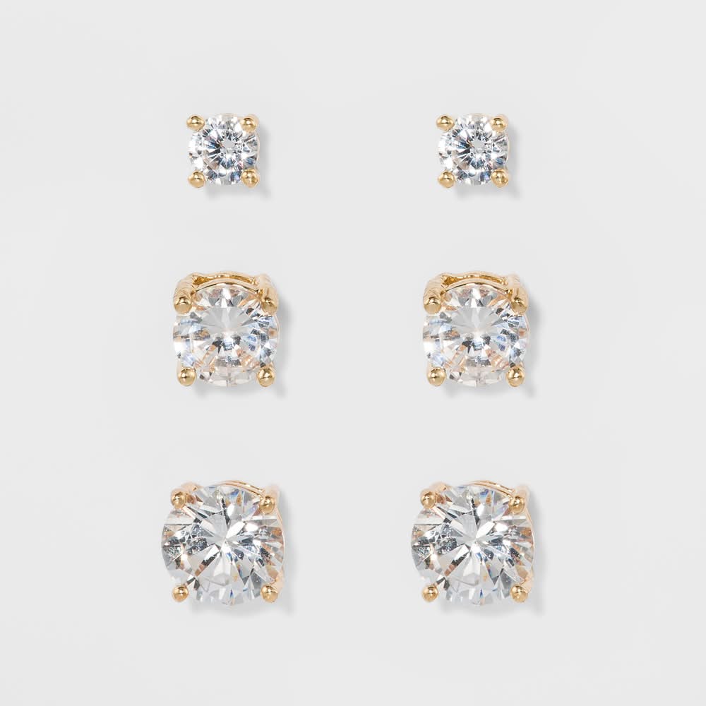 A New Day Crystal Round Stud Earring Set, Gold (3 ct)