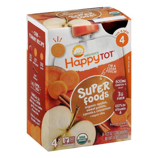 Happy Tot Organics Super Foods 4 (tots & tykes) 4 pack Organic Apples, Sweet Potato, Carrots & Cinnamon Fruit & Veggie Blend 4 Ea