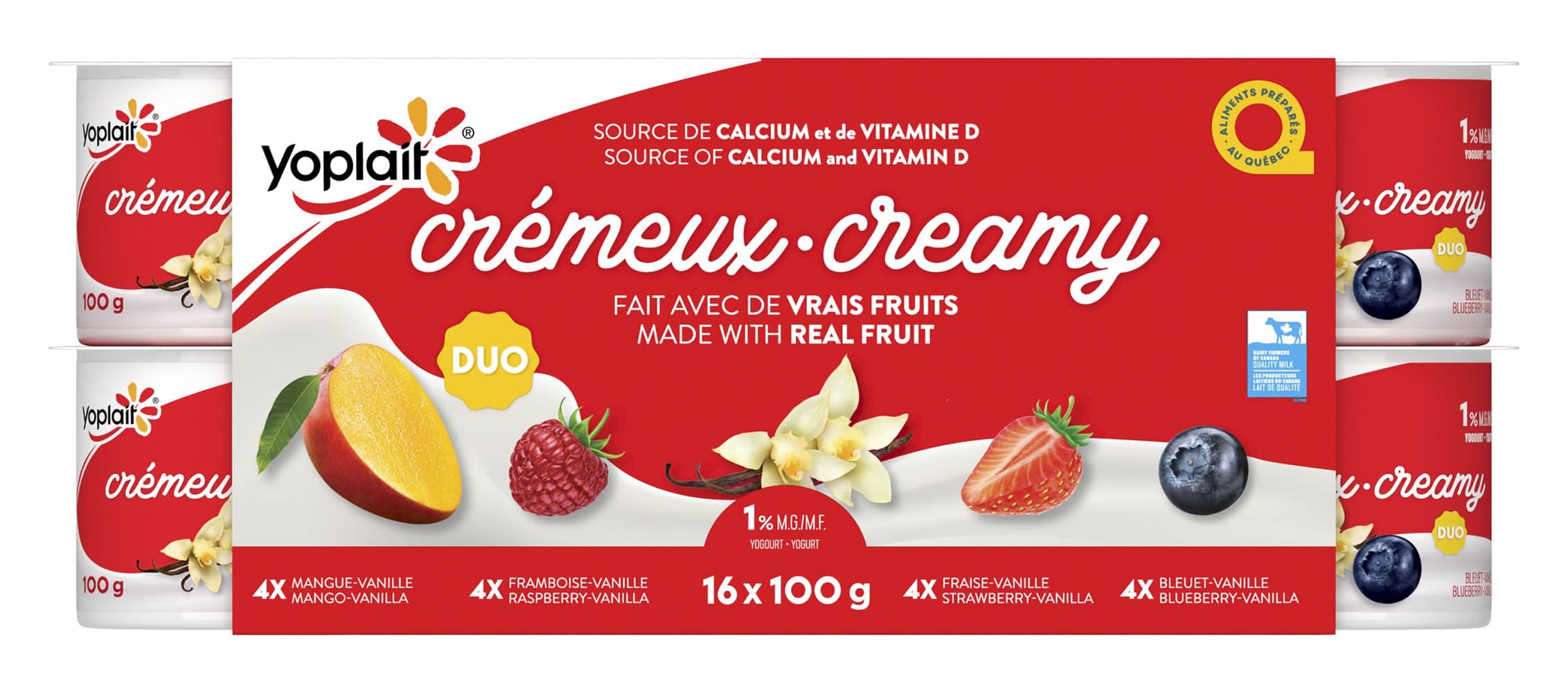 Yoplait yogourt crémeux duo 1% m.g - duo creamy yogurt 1% m.f (16 pièces) (mangue & vanille-framboise & vanille-fraise & vanille-bleuet & vanille)
