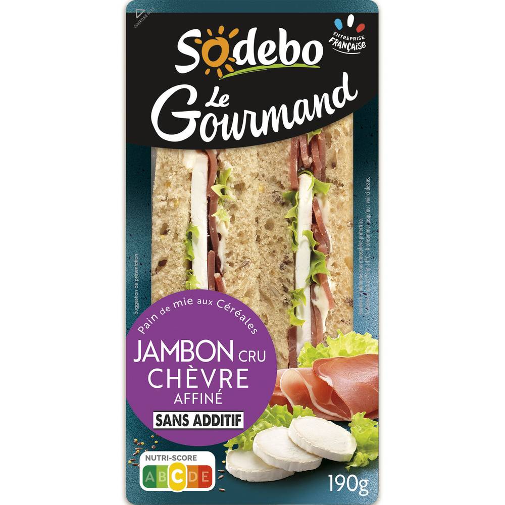 Sandwichs club pain aux céréales jambon cru chèvre affiné SODEBO - 2 clubs triangles - 190 g
