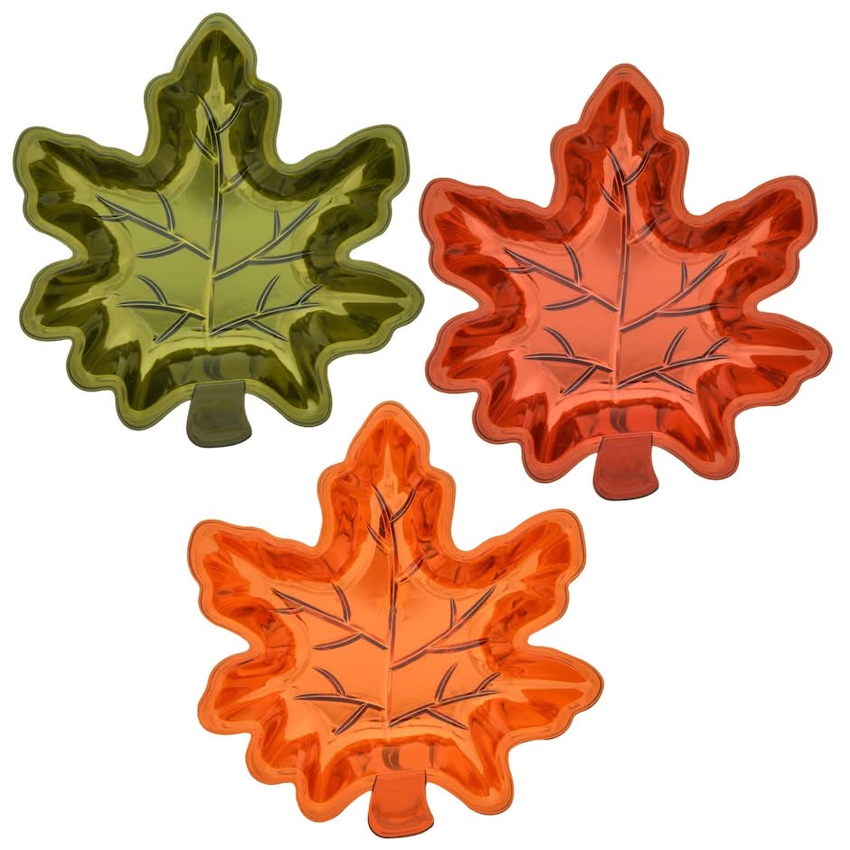 Harvest Autumn Fall Metallic Plastic Leaf Dishes Serving Tray, Orange