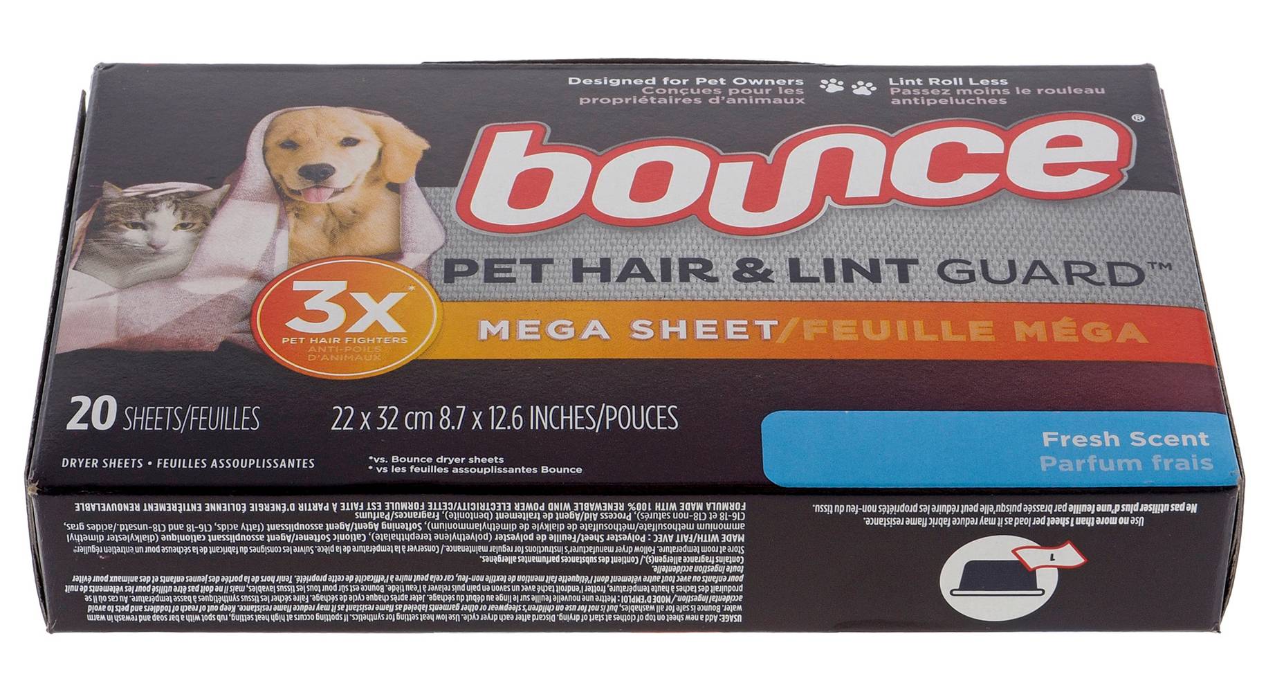 Bounce Pet Hair & Lint Guard Dryer Sheet, 8.7 In X 12.6 In (20 ct)