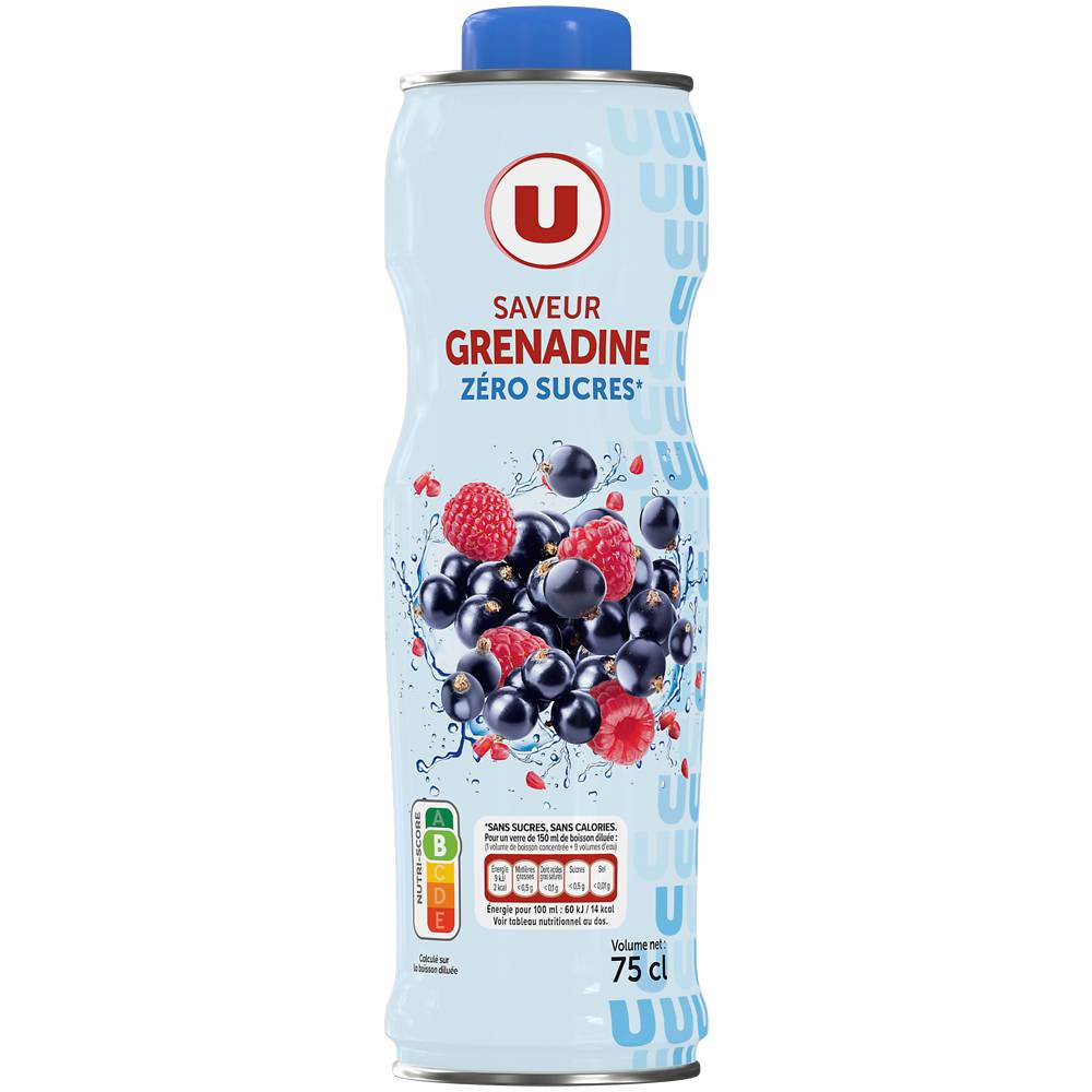 Les Produits U - Boisson concentrée à diler sans sucres, grenadine (750ml)