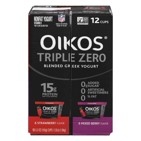 Oikos Strawberry & Mixed Berry Flavor Blended Greek Non Fat Yogurt (12 ct)