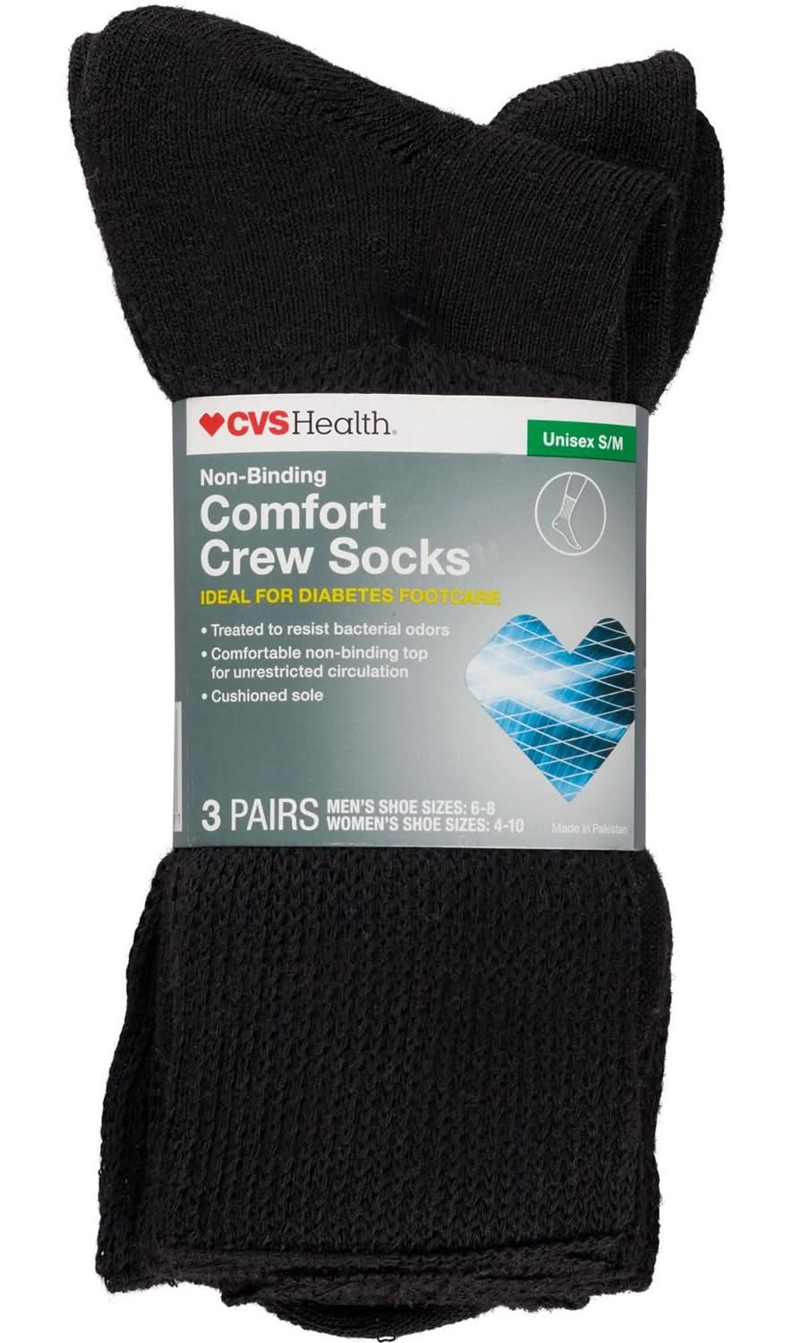 Cvs Non-Binding Comfort Crew Socks For Diabetics Unisex, 3 Pairs, S/M, Black