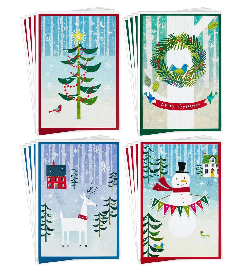 Hallmark Assorted Boxed Christmas Cards Wintry Folk Art B01 (16 ct)
