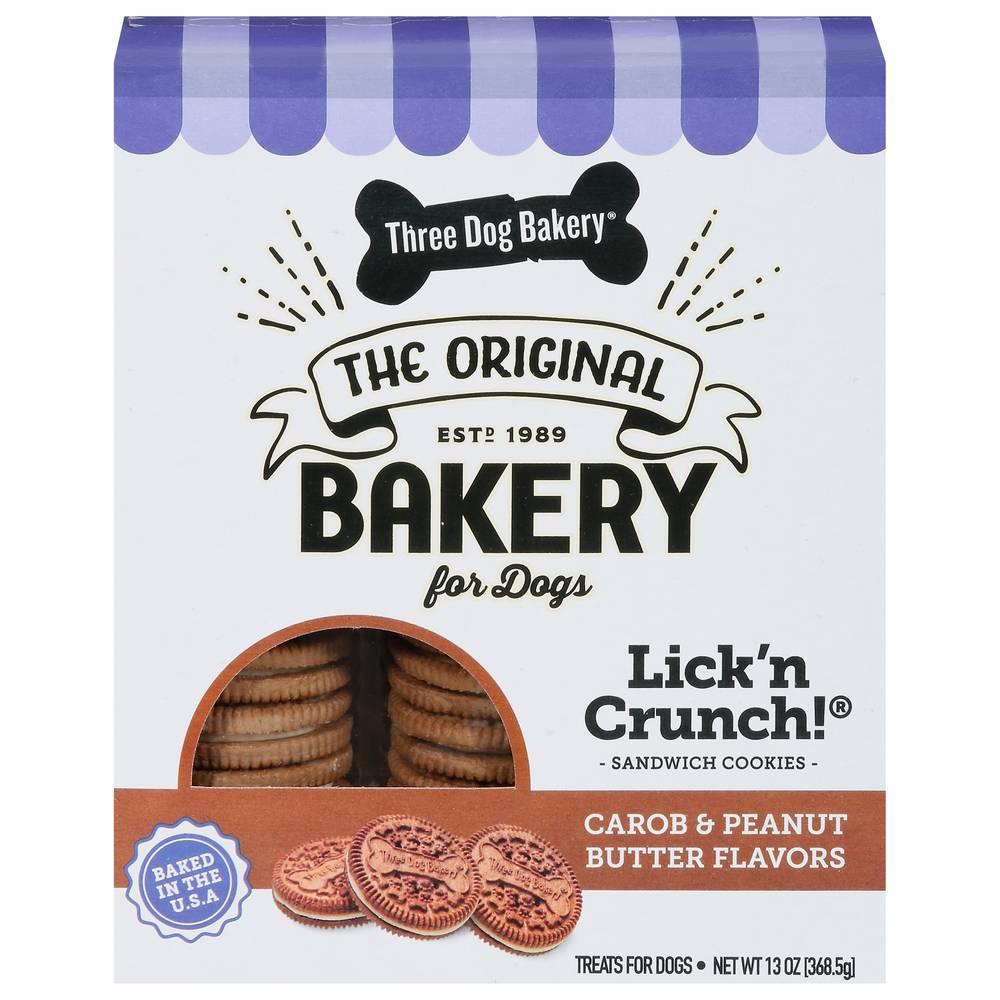 Three Dog Bakery Lick’n Crunch! Carob & Peanut Butter Flavors Sandwich Cookies Treats For Dog (13 oz)