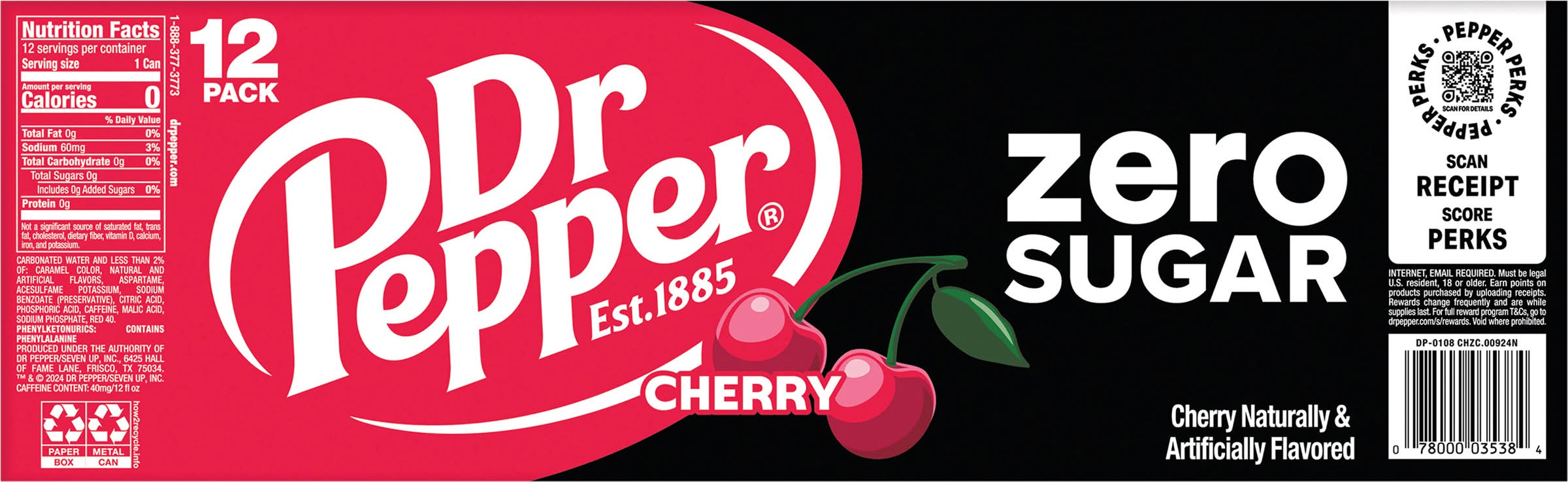 Dr Pepper Zero Sugar Soft Drink, Cherry (12 x 12 fl oz)