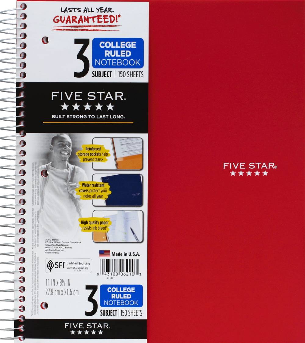 Five Star Wirebound 3-subject College Ruled Notebook