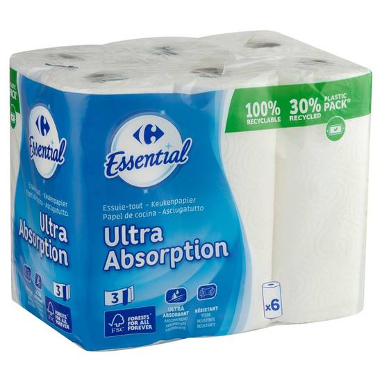 Carrefour Essential Essuie-Tout Ultra Absorp. 3-Épaisseurs 6 Rouleaux