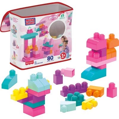 Mega Bloks Big Building Bag Toy Blocks With Storage Bag For Toddler Ages 1+, Pink (80 ct)