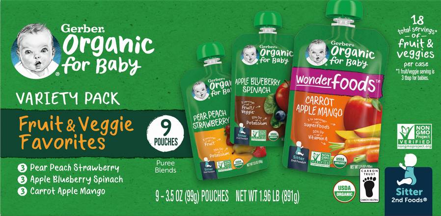 Gerber Organic For Baby Variety pack Fruit Veggie Favorites Baby Food (9 ct)