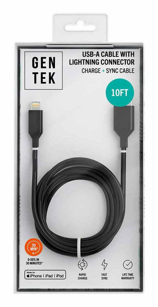 Gentek Usb-A To Lightning Phone Charger, 10 ft, Black