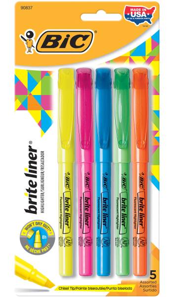 BIC Brite Liner Highlighters Pocket Style, Chisel Point, Assorted, 5-Pack