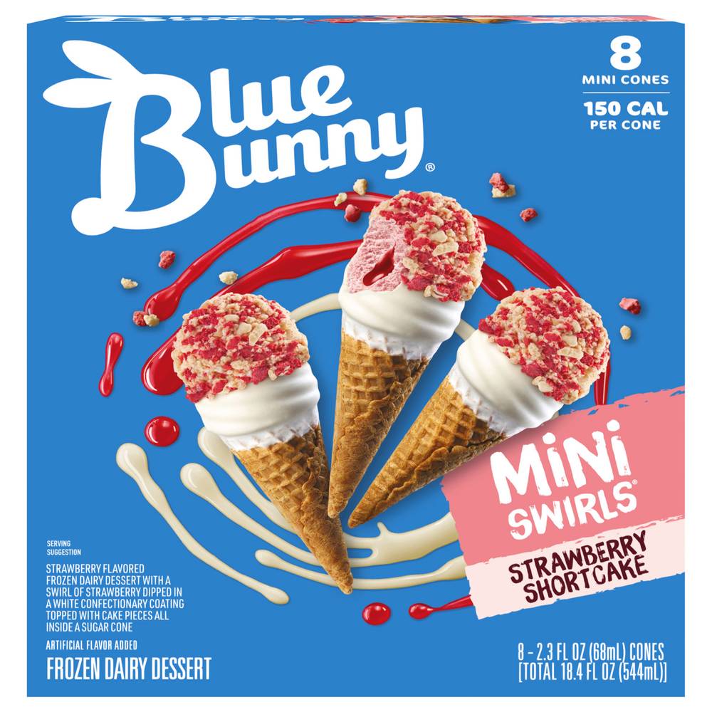 Blue Bunny Mini Swirls Dessert Cones, Strawberry Shortcake (2.3 fl oz, 8 ct)