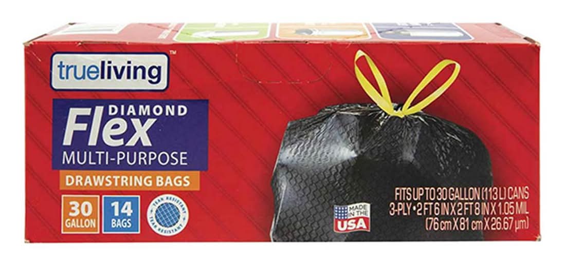 True Living Diamond Flex Multi-Purpose Drawstring Trash Bags 30 Gallon 14 Ct