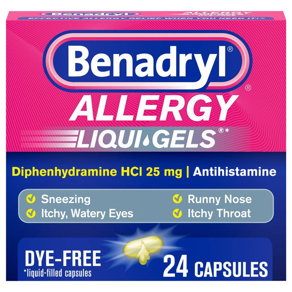 Benadryl 25 Mg Liqui-Gels Dye-Free Antihistamine Allergy Capsules (0.16 oz, 24 ct)