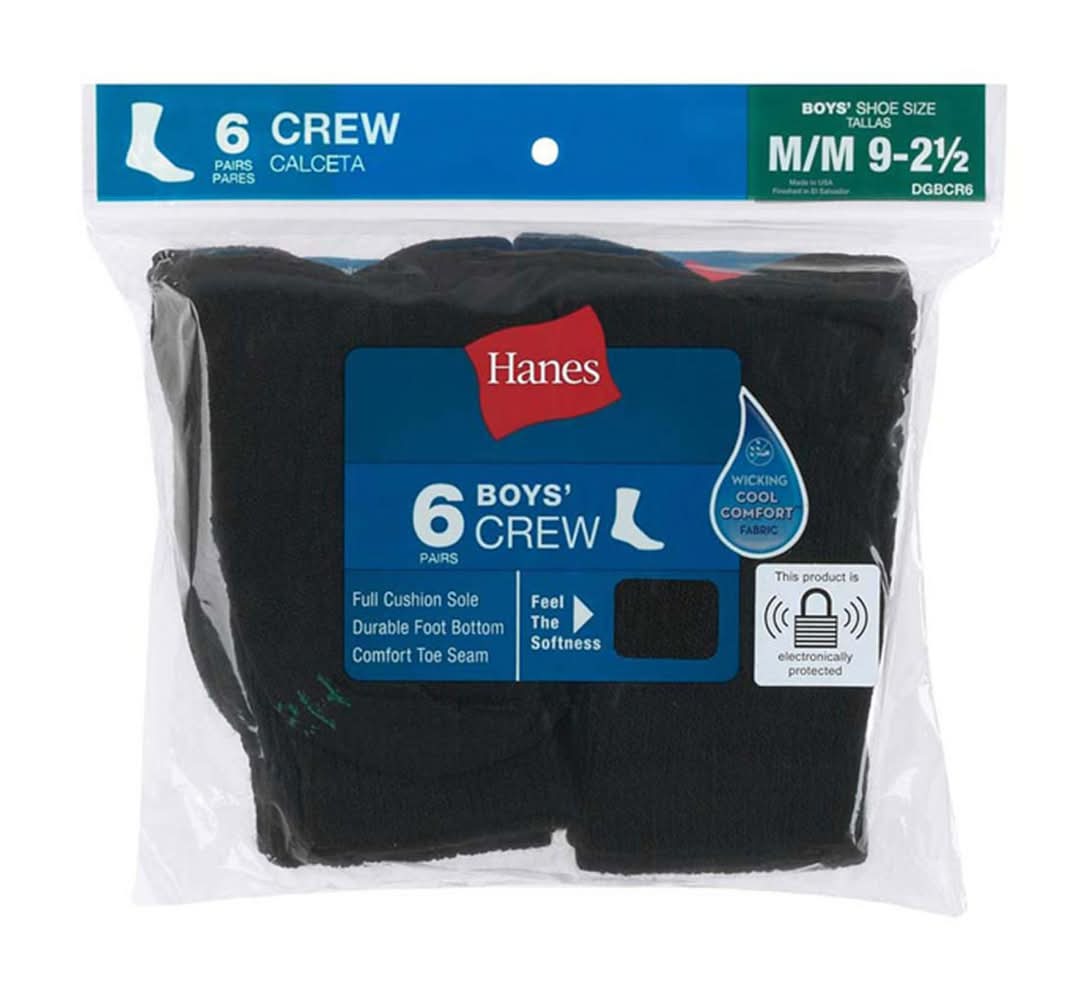 Hanes Boys Crew Socks, M/M, Black (6 ct)